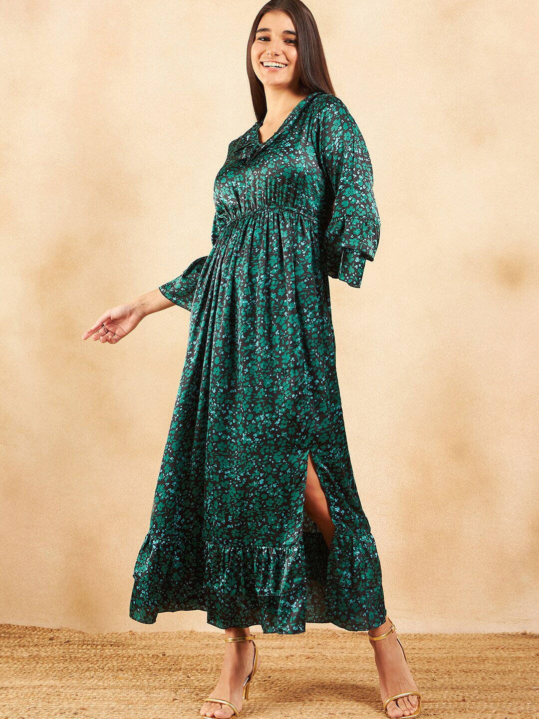 

Sangria Floral Printed Bell Sleeve Ruffled Maxi Dress, Teal