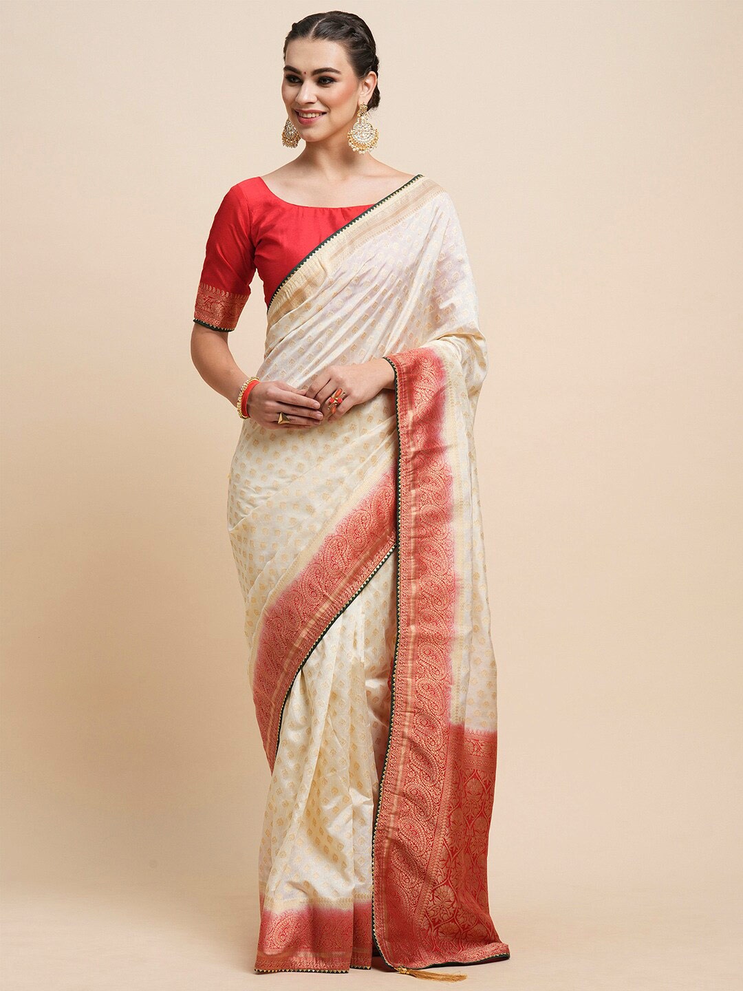 

Saree mall Ethnic Motifs Woven Design Zari Banarasi Sarees, Off white