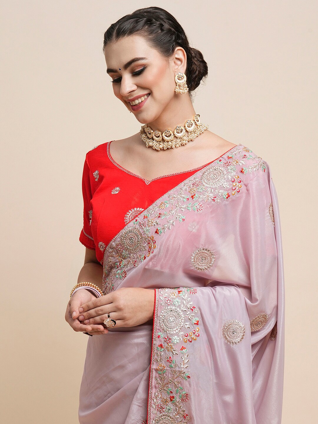 

Saree mall Lavender Ethnic Motifs Embroidered Organza Sarees