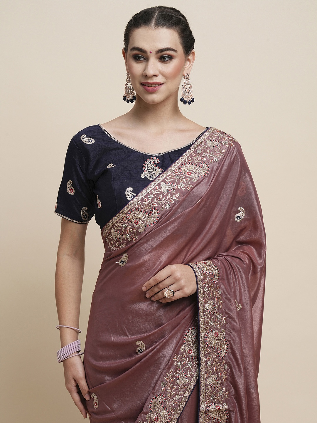 Saree mall Ethnic Motifs Embroidered Sequinned Poly Chiffon Saree, Mauve