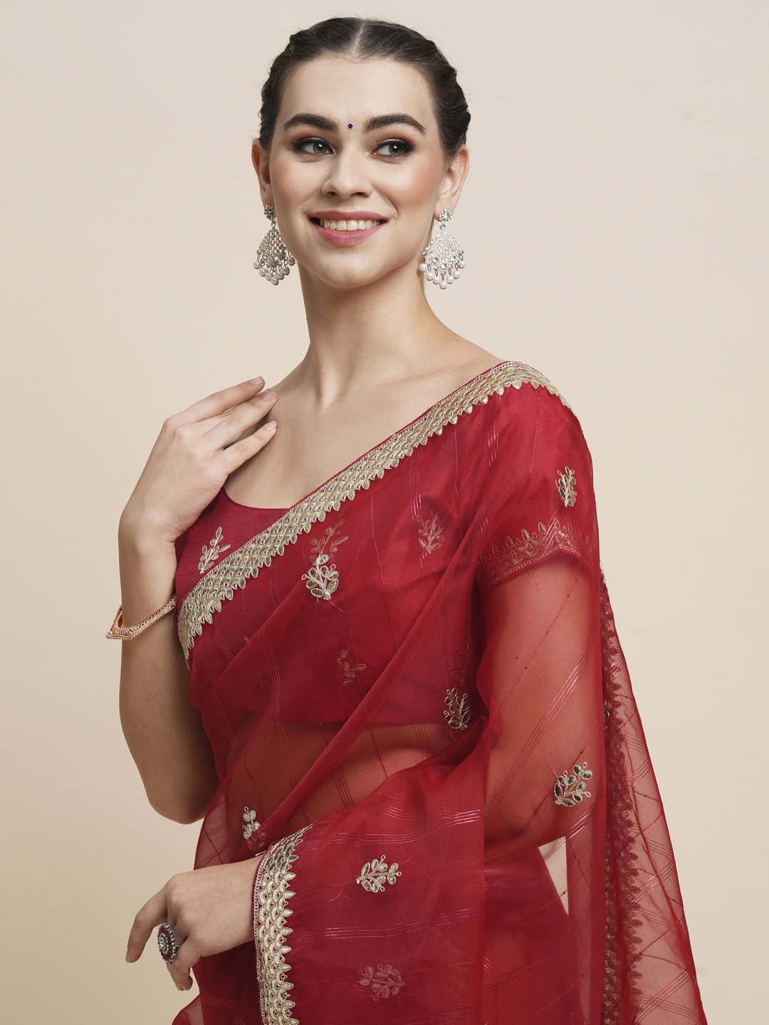 Saree mall Ethnic Motifs Embroidered Zari Organza Saree, Red