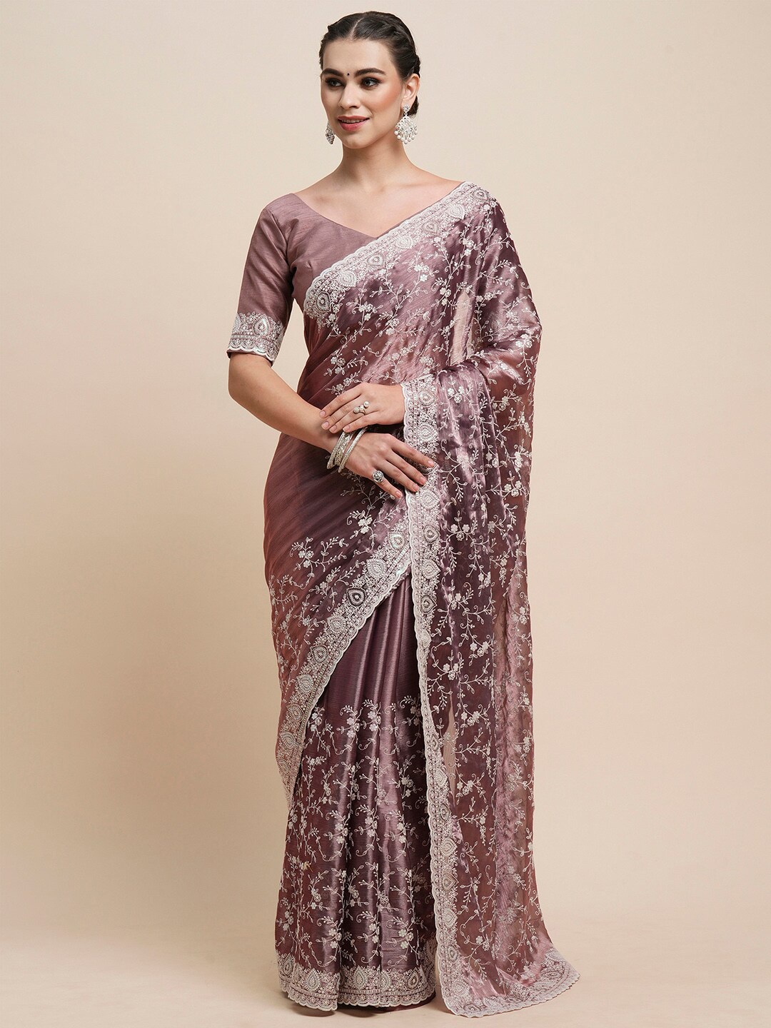 

Saree mall Mauve Floral Embroidered Organza Saree