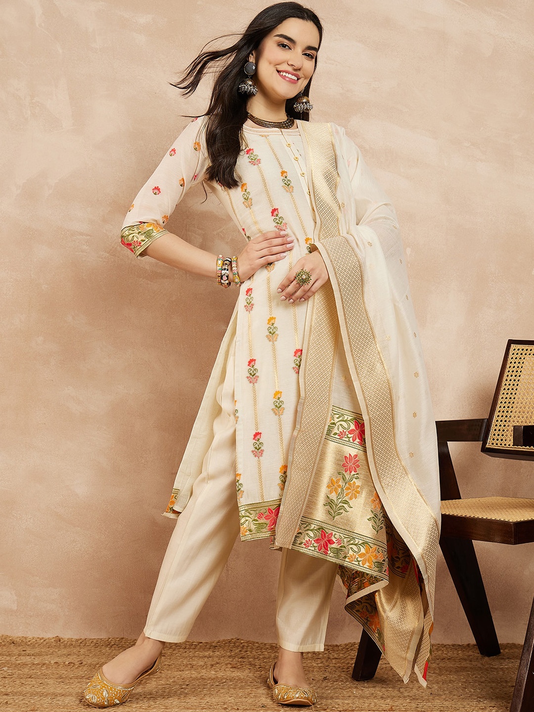 

SERONA FABRICS Floral Woven Design Chanderi Cotton Kurta & Trousers With Dupatta, Off white