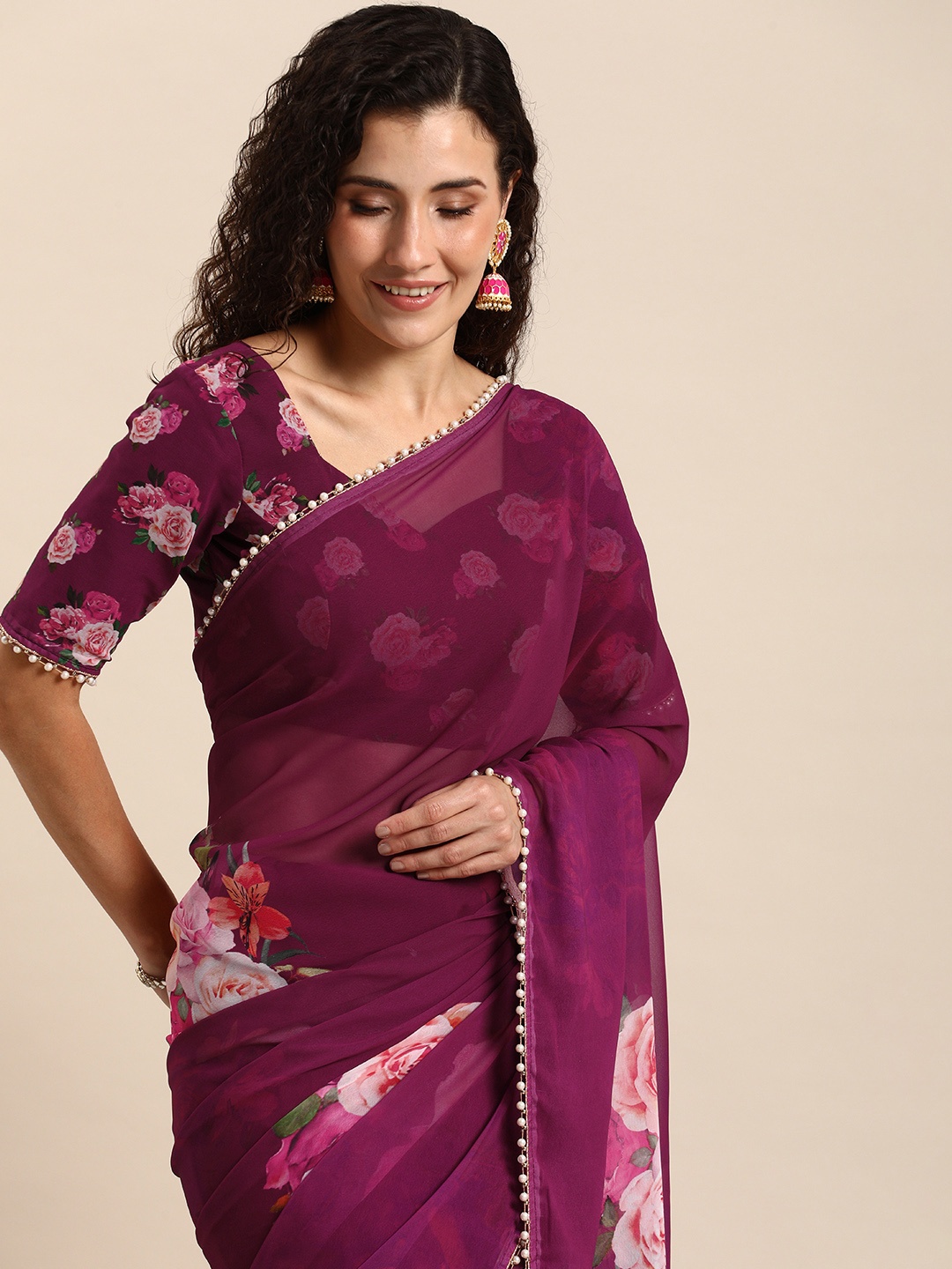 

LOOKNBOOK ART Floral Beads & Stones Saree, Purple