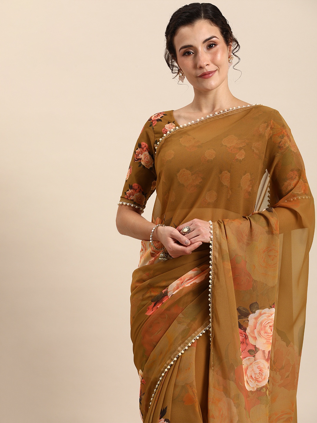 

LOOKNBOOK ART Floral Beads & Stones Saree, Brown