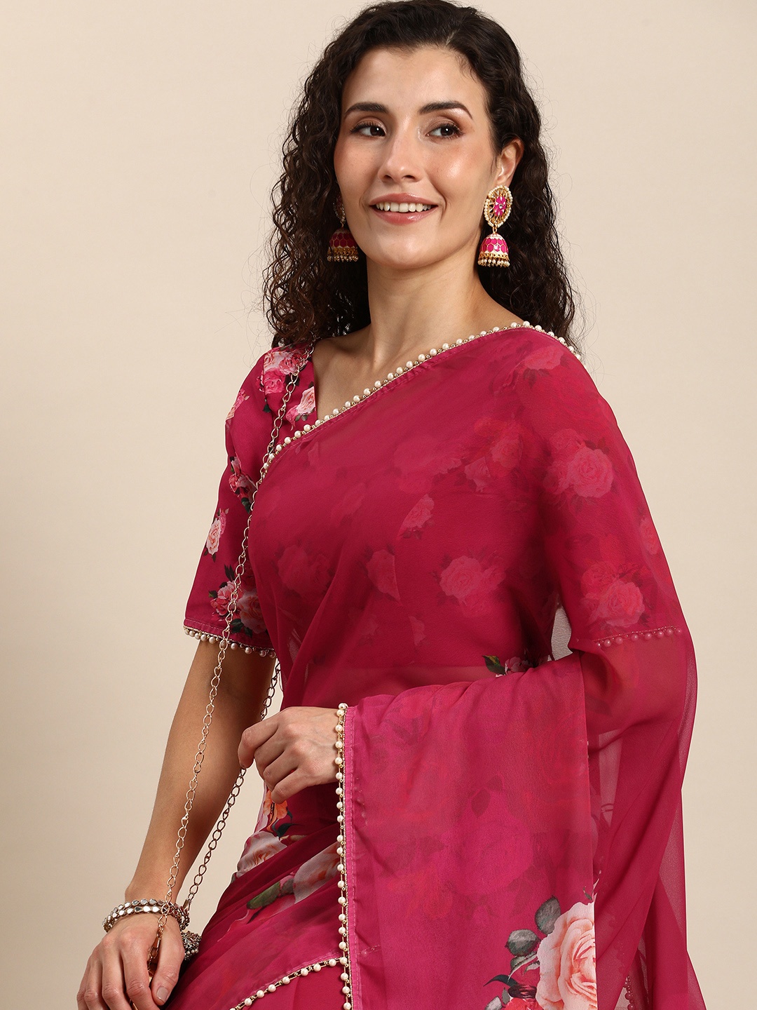 

LOOKNBOOK ART Floral Beads & Stones Saree, Pink