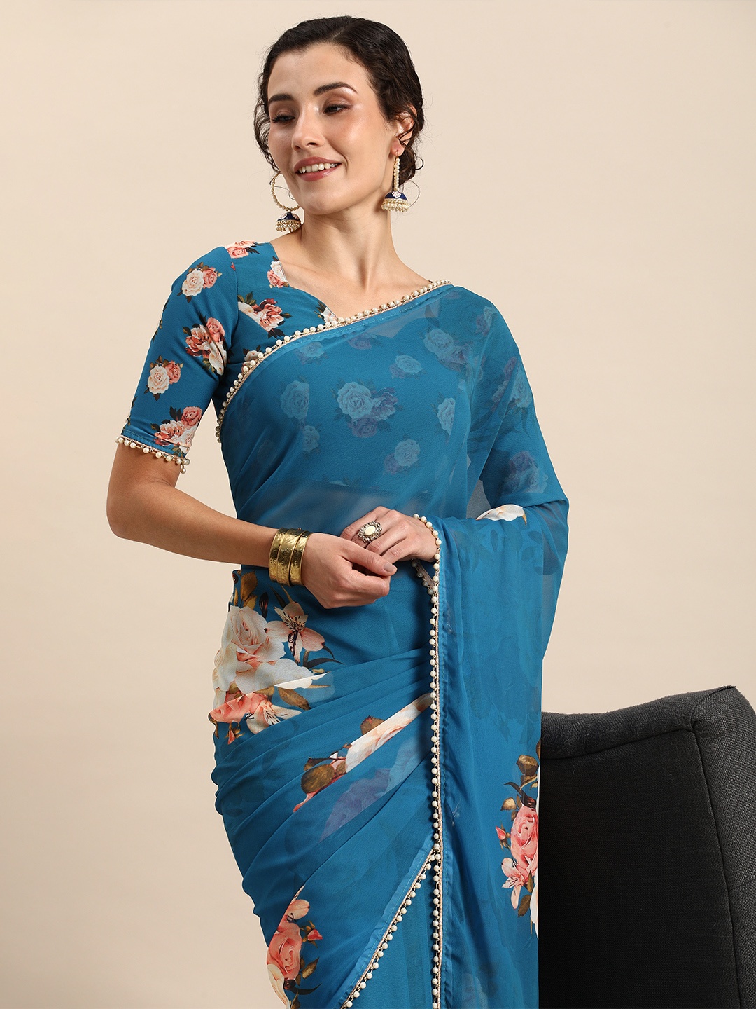 LOOKNBOOK ART Floral Beads & Stones Saree, Teal