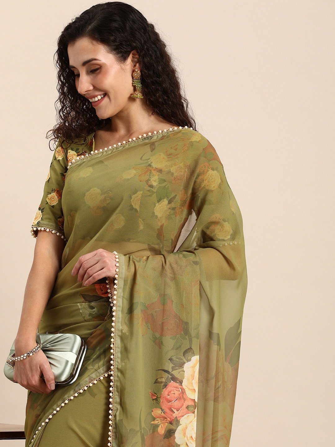 

LOOKNBOOK ART Floral Beads & Stones Saree, Olive
