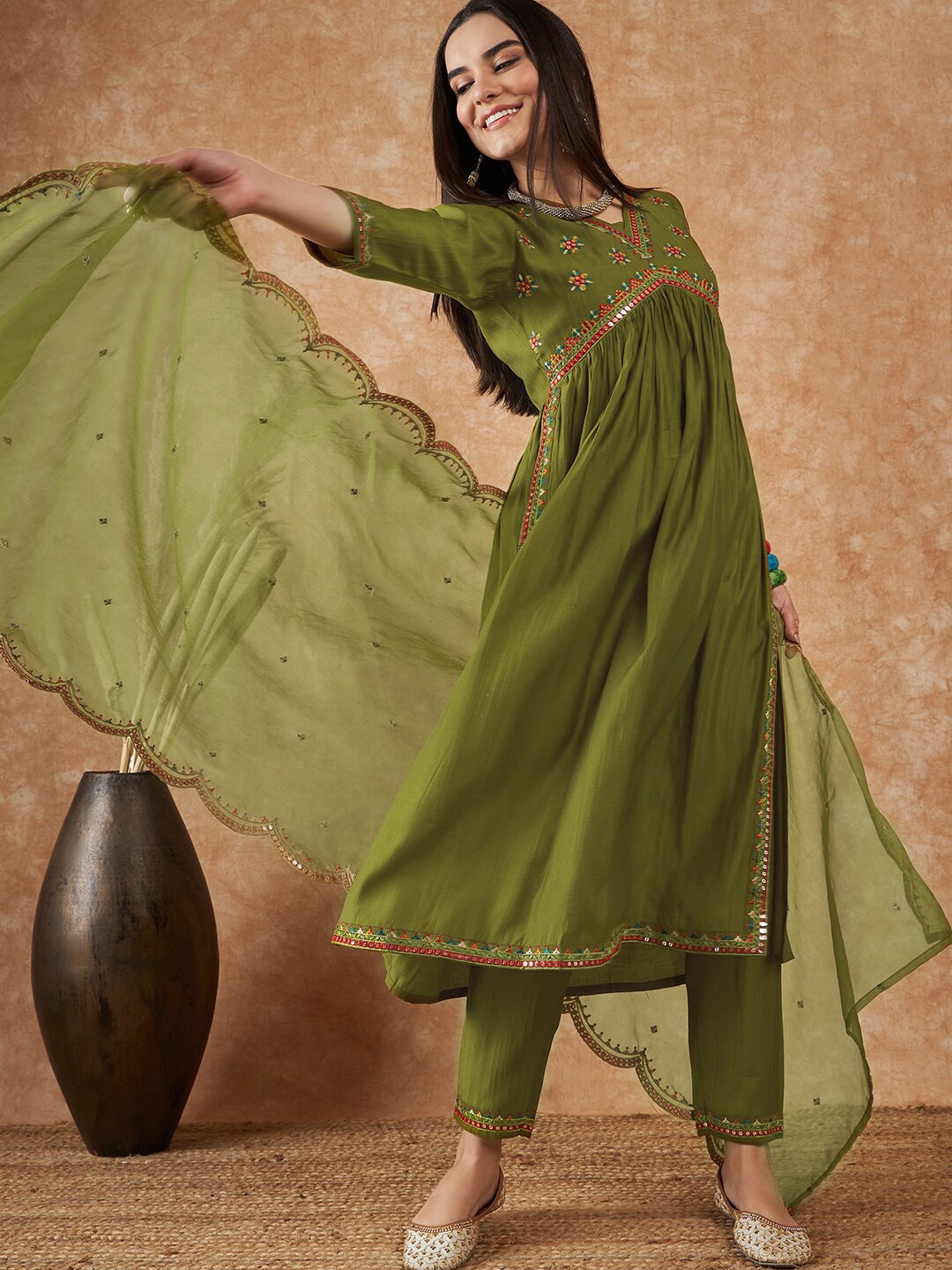 

Sangria Olive Green Floral Embroidered Sequinned Empire Kurta With Trousers & Dupatta