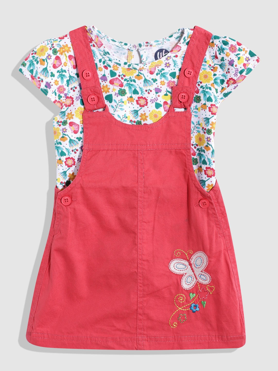 

YK Girls Embroidered Dungarees with T-Shirt, Red