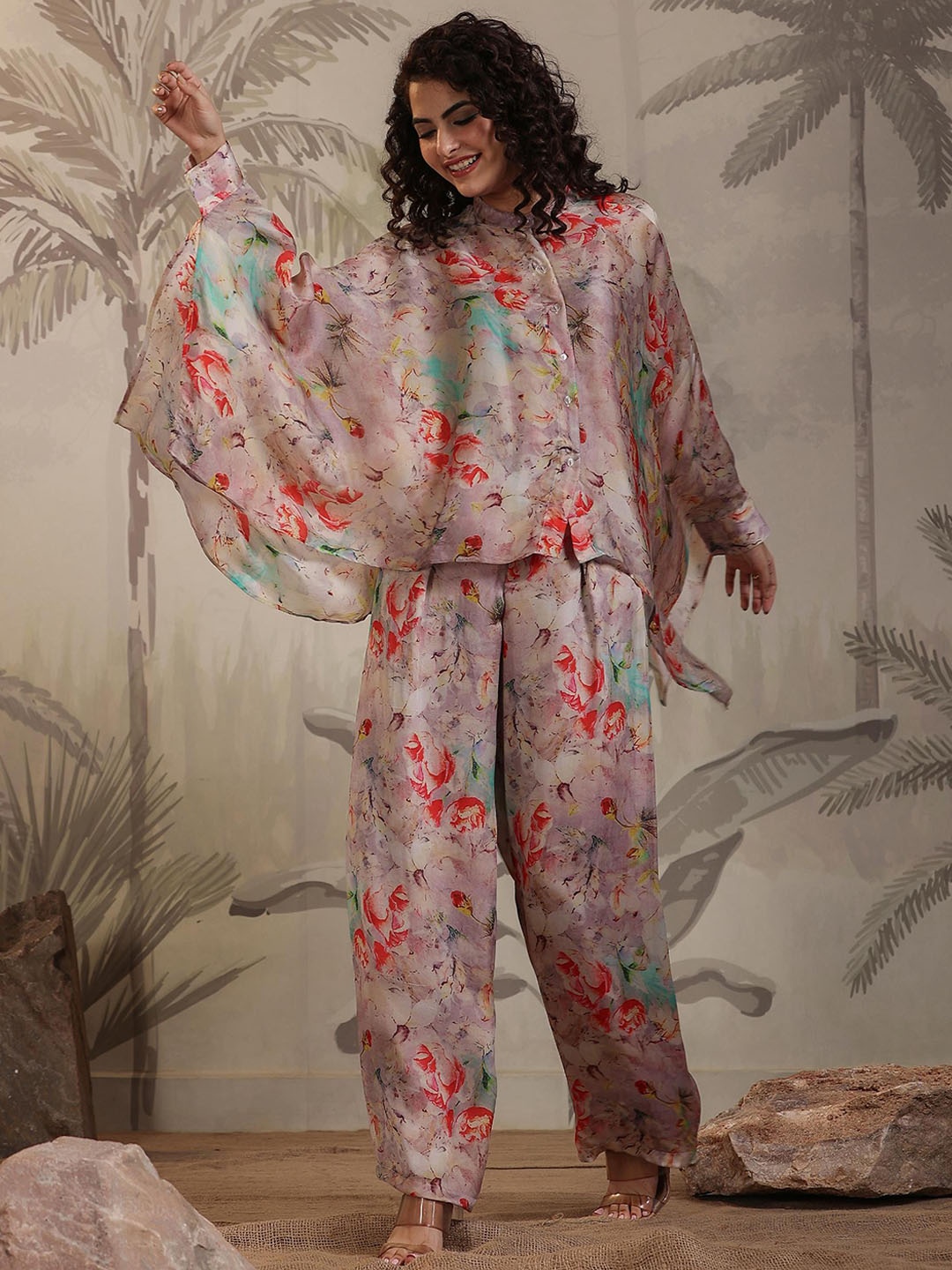 

SCAKHI Floral Printed Mandarin Collar Satin Ethnic Co-Ords, Mauve