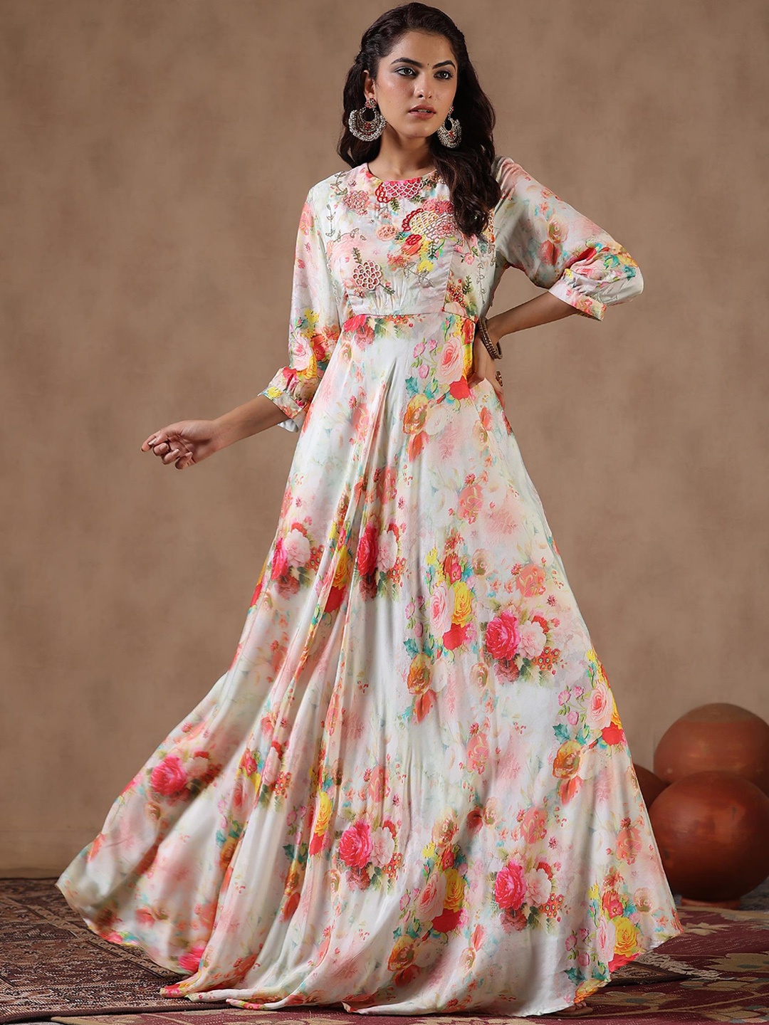 

SCAKHI Floral Printed Cuffed Sleeves Embellished Satin Silk Empire Ethnic Dress, White