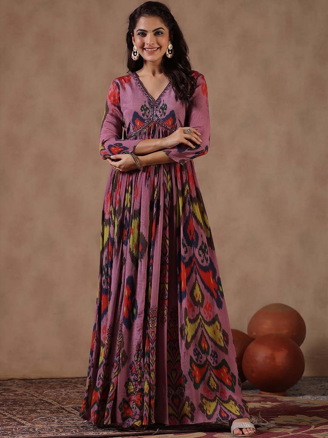 

SCAKHI Ikat Printed V-Neck Gathered Chinon Silk Empire Maxi Length Ethnic Dress, Mauve