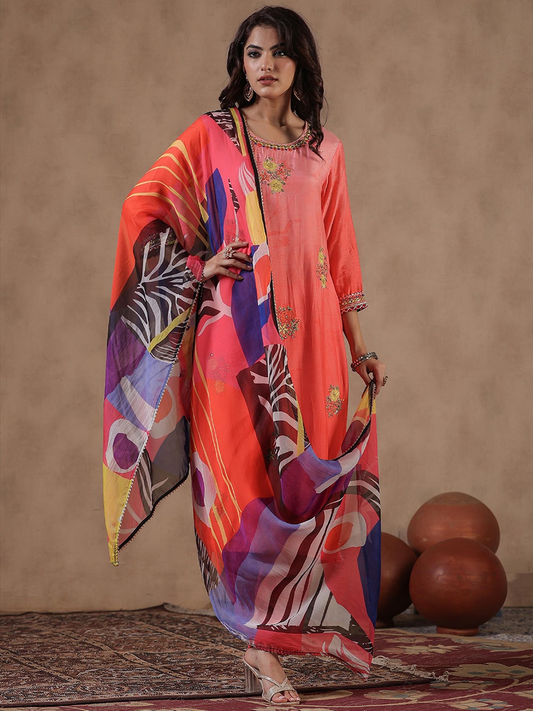 

SCAKHI Floral Embroidered Gotta Patti Kurta With Trousers & Dupatta, Pink