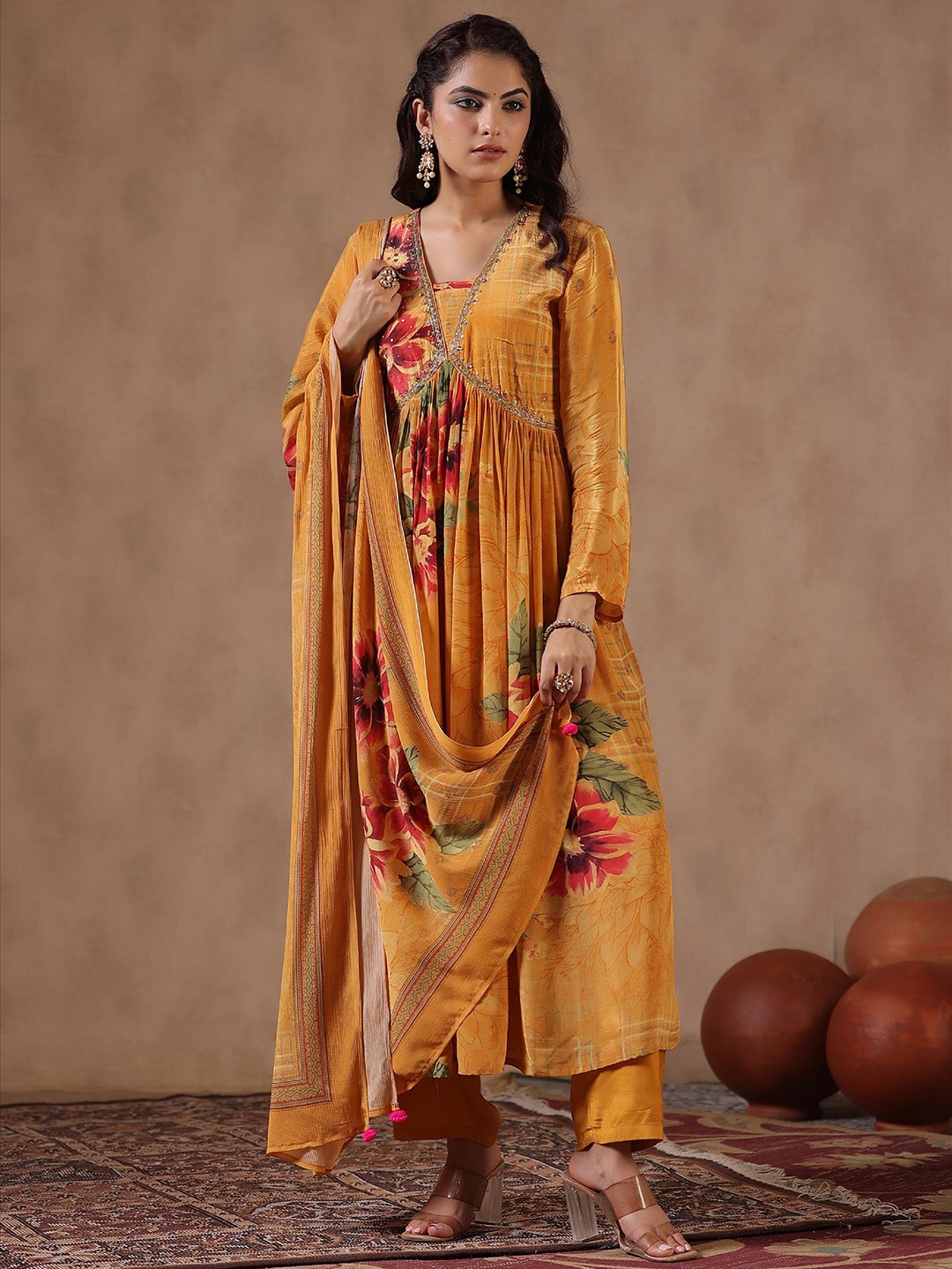 

SCAKHI Floral Printed Empire Beads and Stones Silk Crepe Kurta & Trousers With Dupatta, Yellow