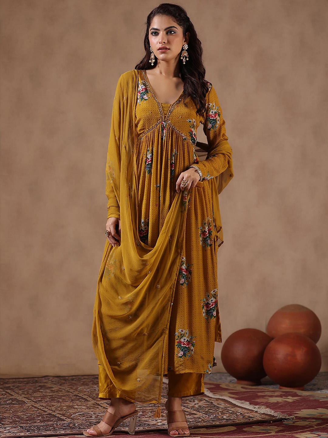 

SCAKHI Floral Printed Empire Sequinned Kurta With Trousers & Dupatta, Mustard