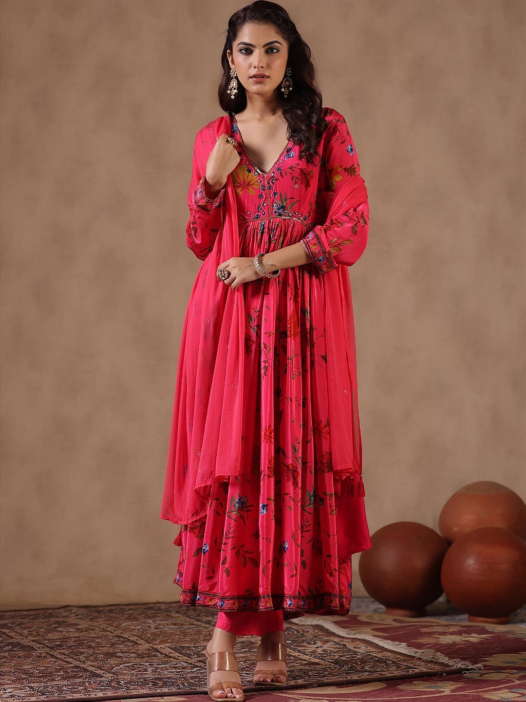 

SCAKHI Floral Printed Beads & Stones Detailed A-Line Kurta & Trouser With Dupatta, Pink