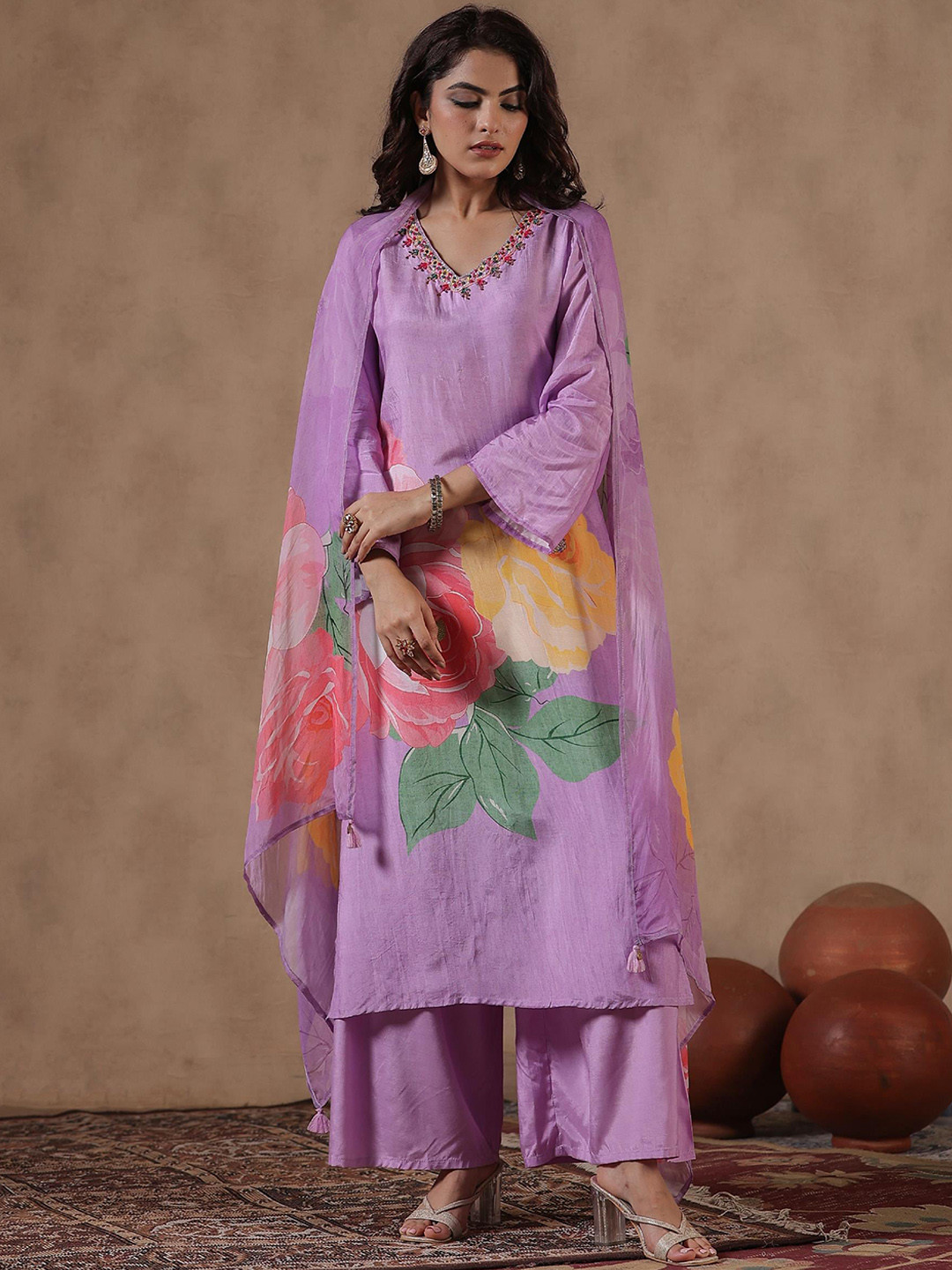 

SCAKHI Floral Printed Thread Work Straight Kurta With Sharara & Dupatta, Lavender