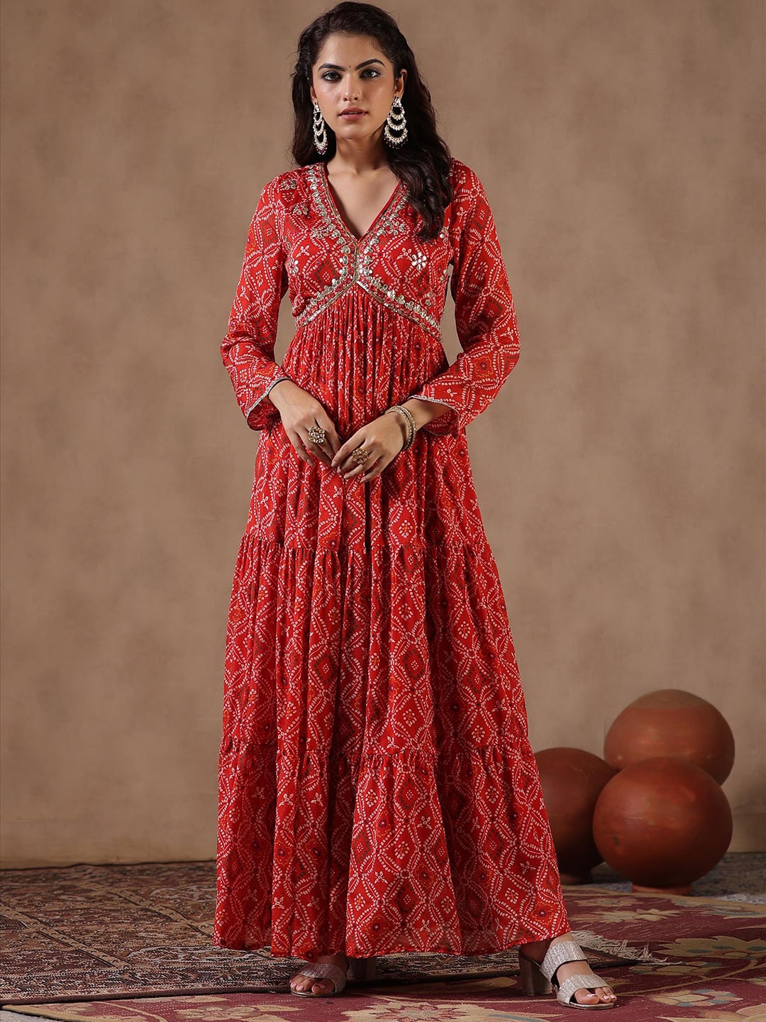 

SCAKHI Bandhani Printed Gathered Detail Chinon Silk Empire Maxi Length Ethnic Dress, Red