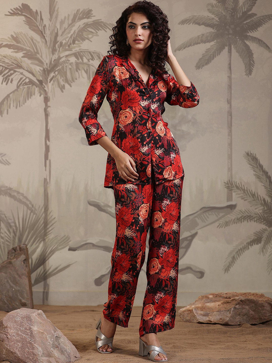 

SCAKHI Floral Printed Shirt Collar Satin Ethnic Co-Ords, Red