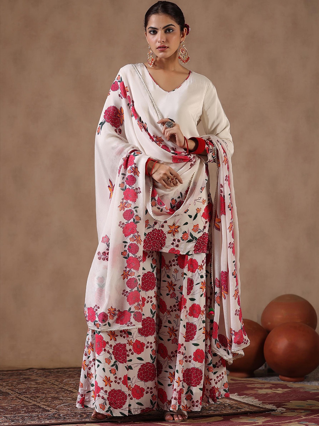 

SCAKHI Floral Printed V-Neck Beads Silk Crepe Kurti With Palazzo & Dupatta, White