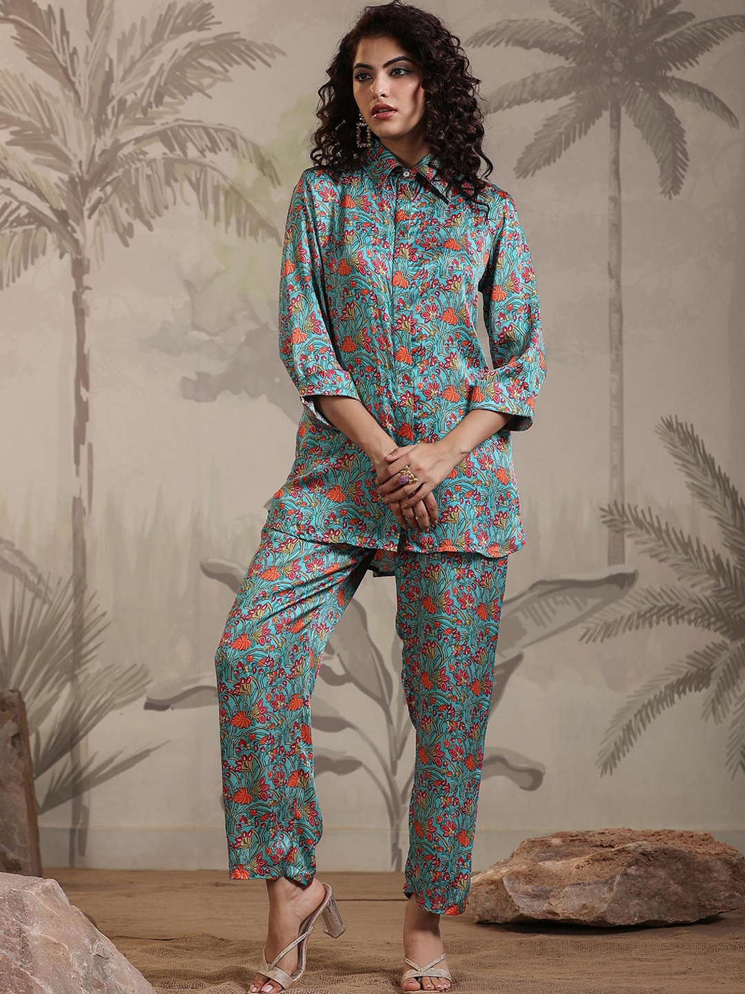 

SCAKHI Floral Printed Shirt Collar Satin Ethnic Co-Ords, Blue