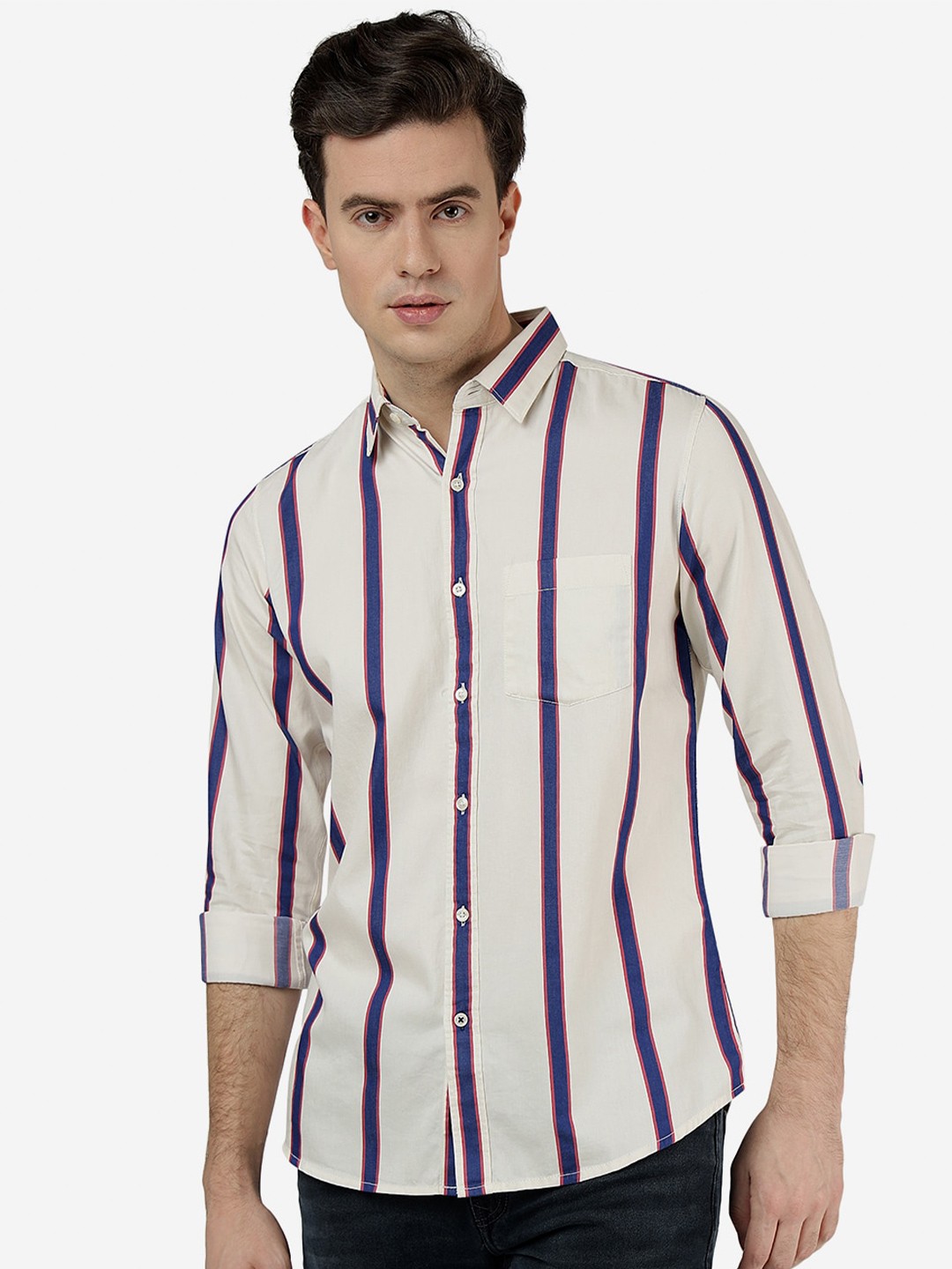 

JADE BLUE Slim Fit Striped Pure Cotton Casual Shirt, Off white
