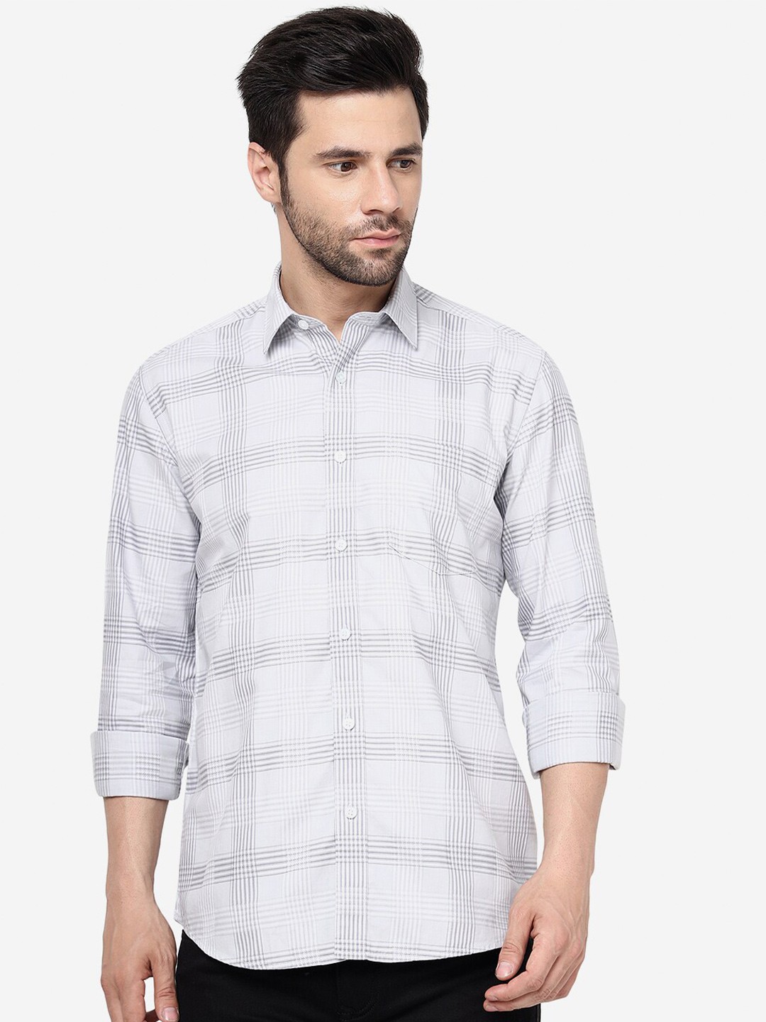 

JADE BLUE Slim Fit Checked Pure Cotton Casual Shirt, Grey