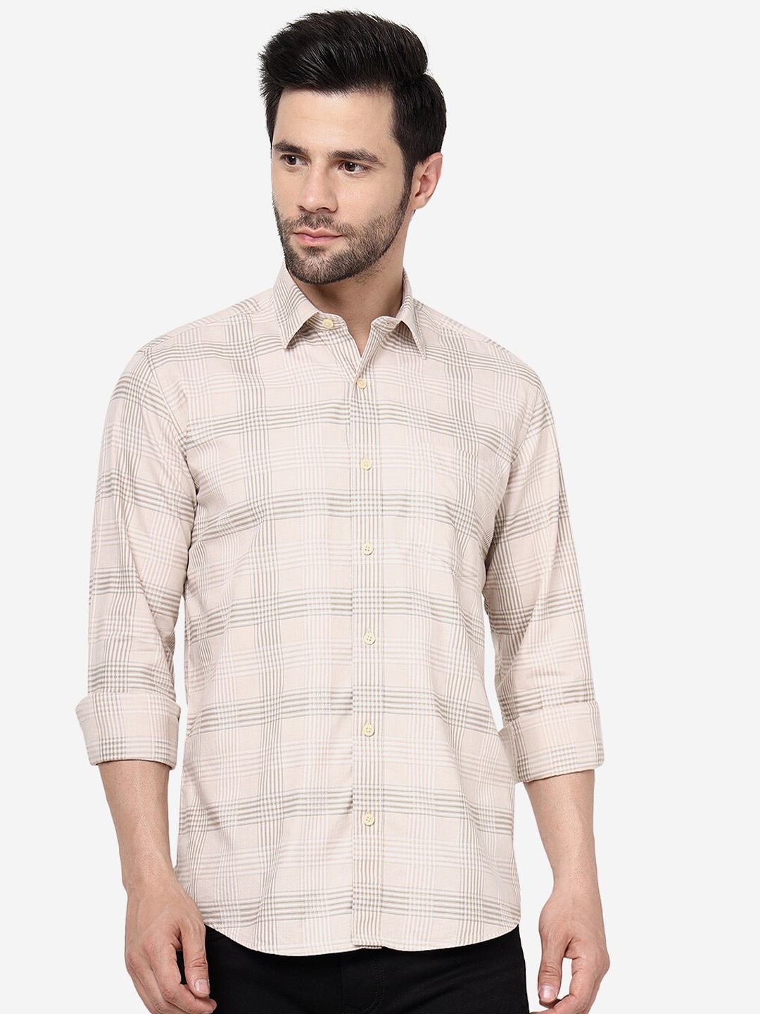 

JADE BLUE Tartan Checked Slim Fit Cotton Casual Shirt, Cream