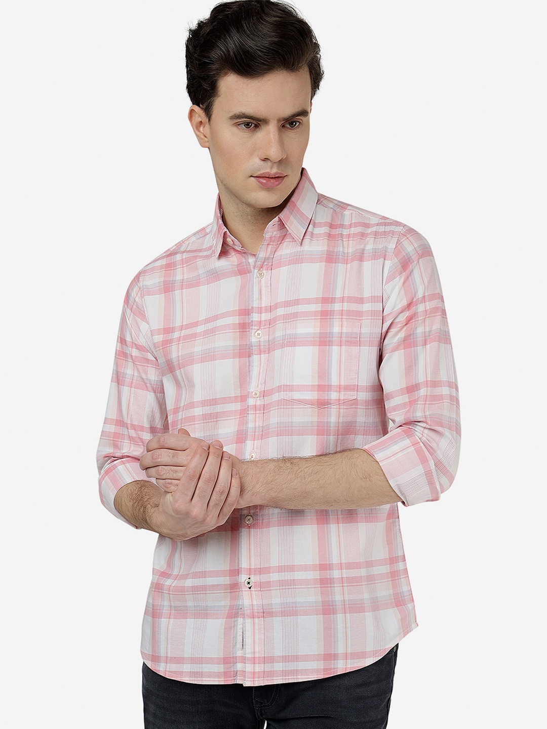 

JADE BLUE Tartan Checked Slim Fit Pure Cotton Shirt, Pink