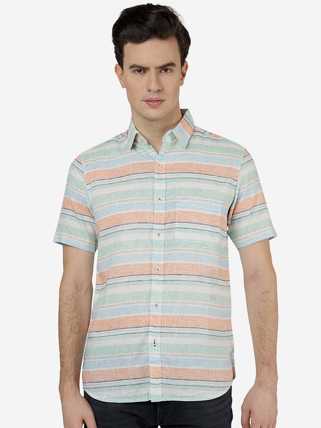 

JADE BLUE Horizontal Striped Slim Fit Pure Cotton Shirt, Orange