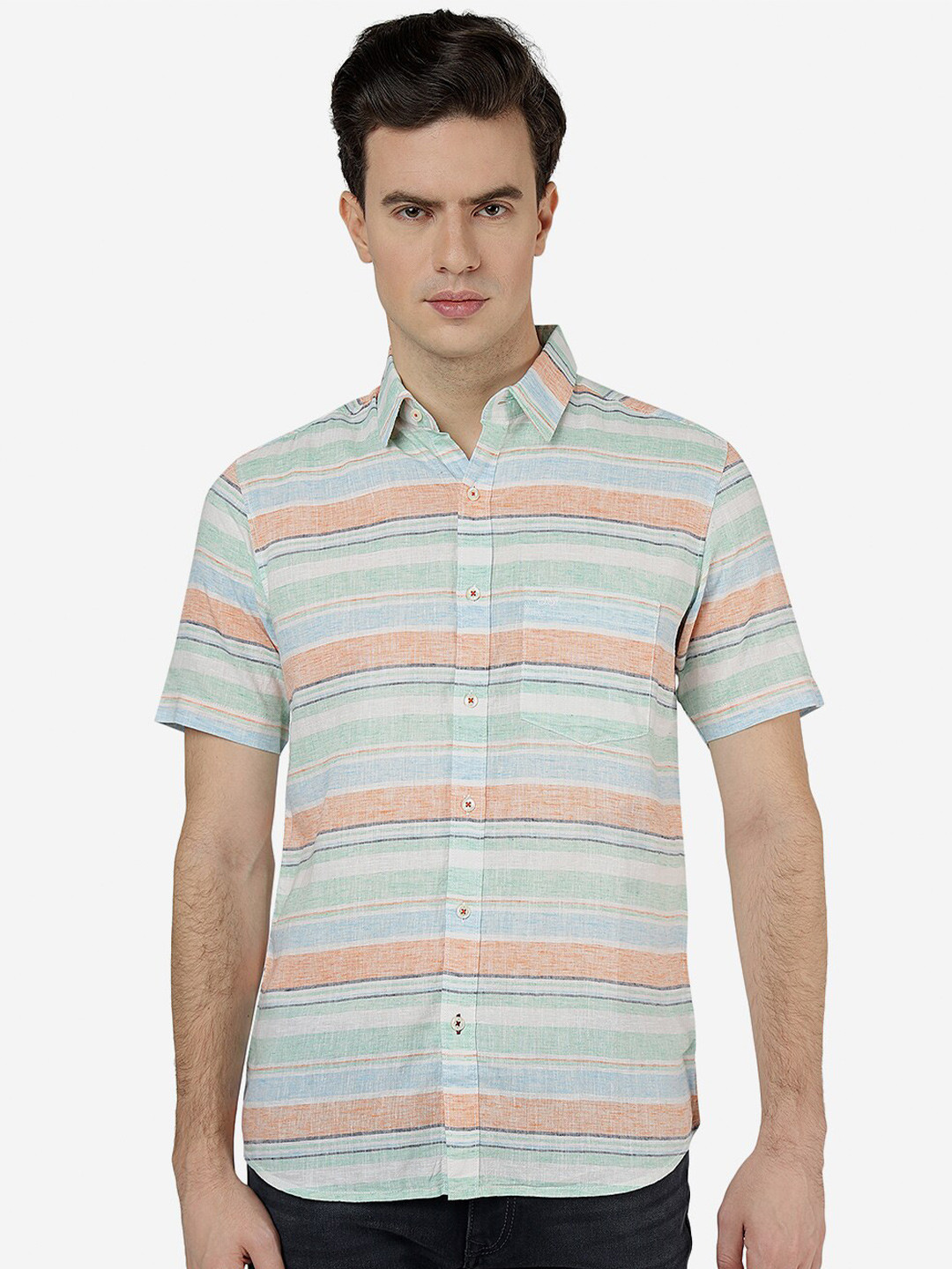 

JADE BLUE Horizontal Stripes Slim Fit Pure Cotton Shirt, Orange