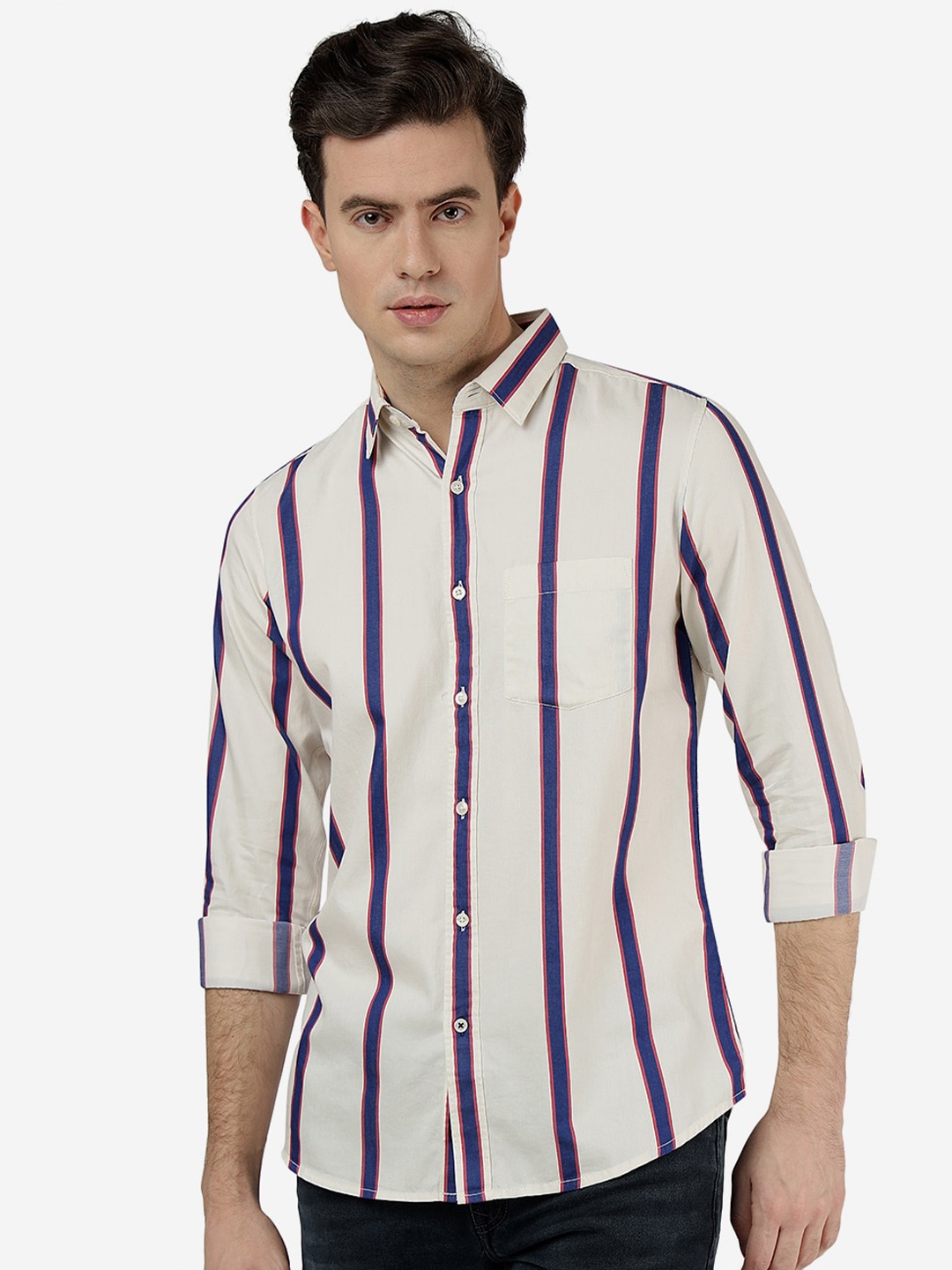 

JADE BLUE Slim Fit Vertical Striped Cutaway Collar Cotton Casual Shirt, Cream