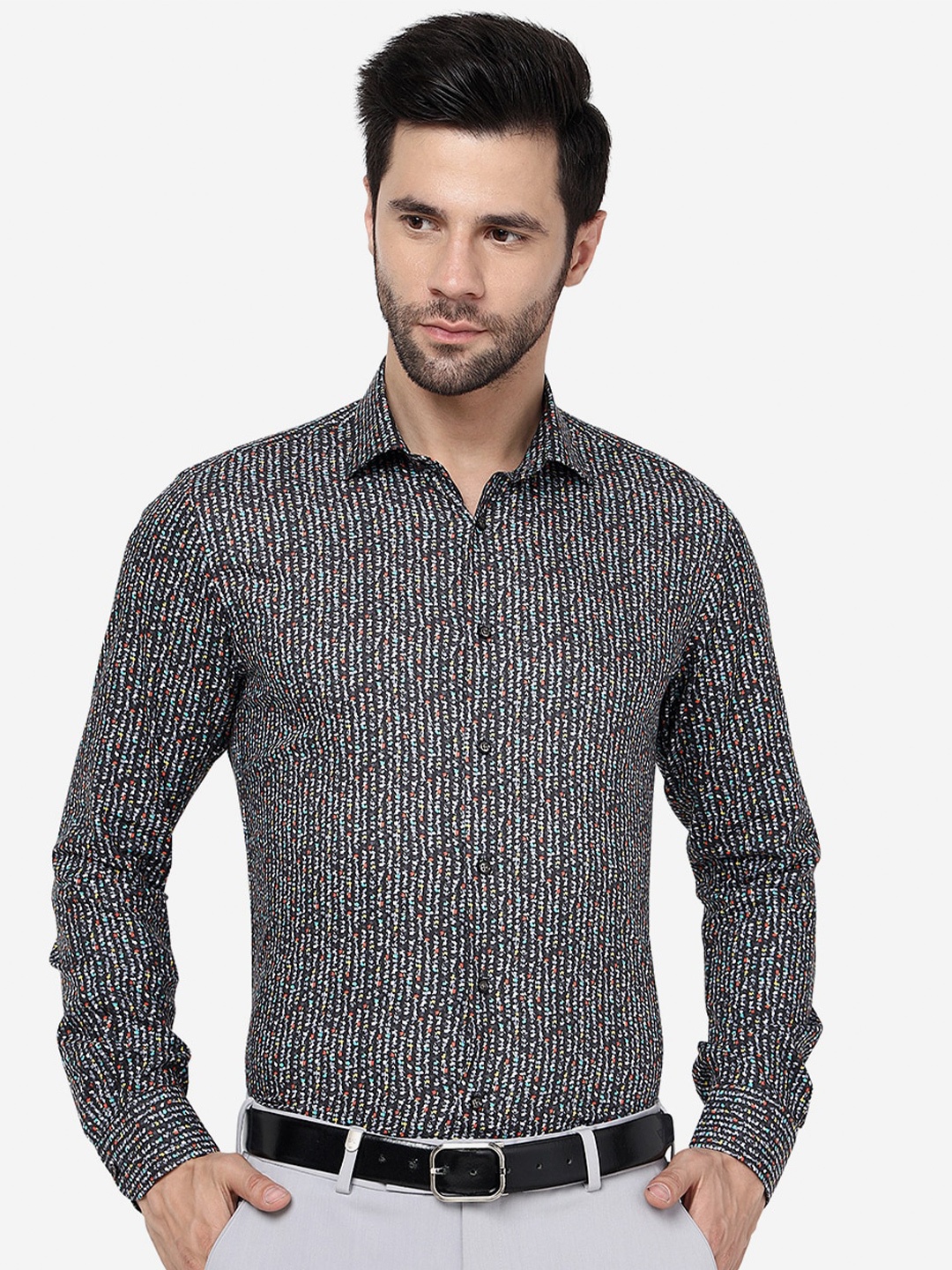 

JB STUDIO Slim Fit Abstract Printed Pure Cotton Formal Shirt, Black