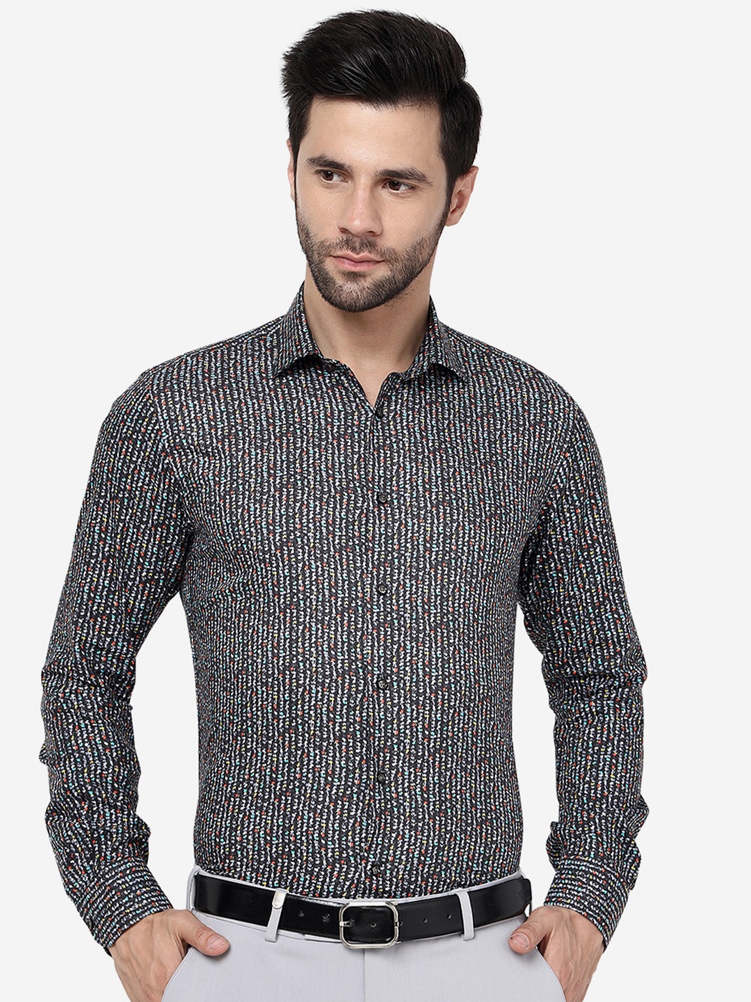 

JB STUDIO Slim Fit Micro Ditsy Printed Pure Cotton Formal Shirt, Black