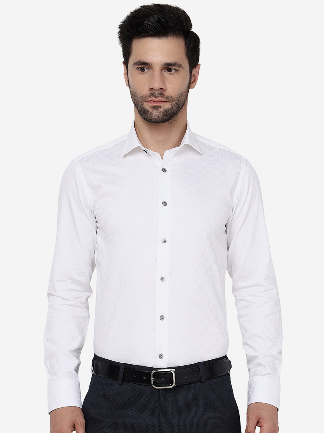 

WYRE Spread Collar Ethnic Motifs Printed Slim Fit Cotton Shirt, White