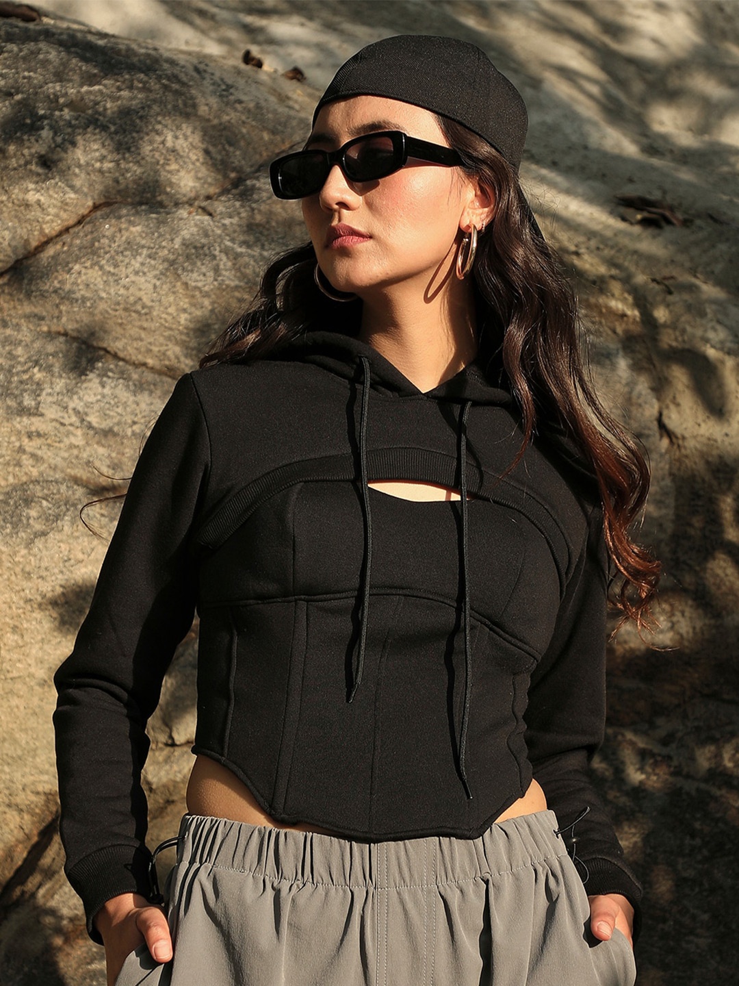 

Campus Sutra Cut-Out Detail Lace-Up Hooded Crop Cotton Top, Black