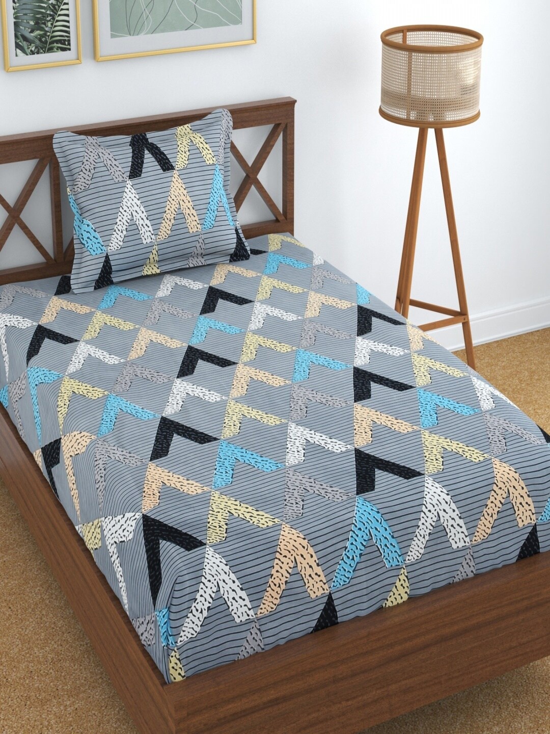 

Aura Grey Geometric 180 TC Single Bedsheet with Pillow Cover