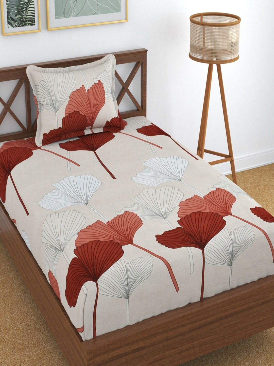 

Aura Beige & Red Floral 180 TC Single Bedsheet with Pillow Cover, White