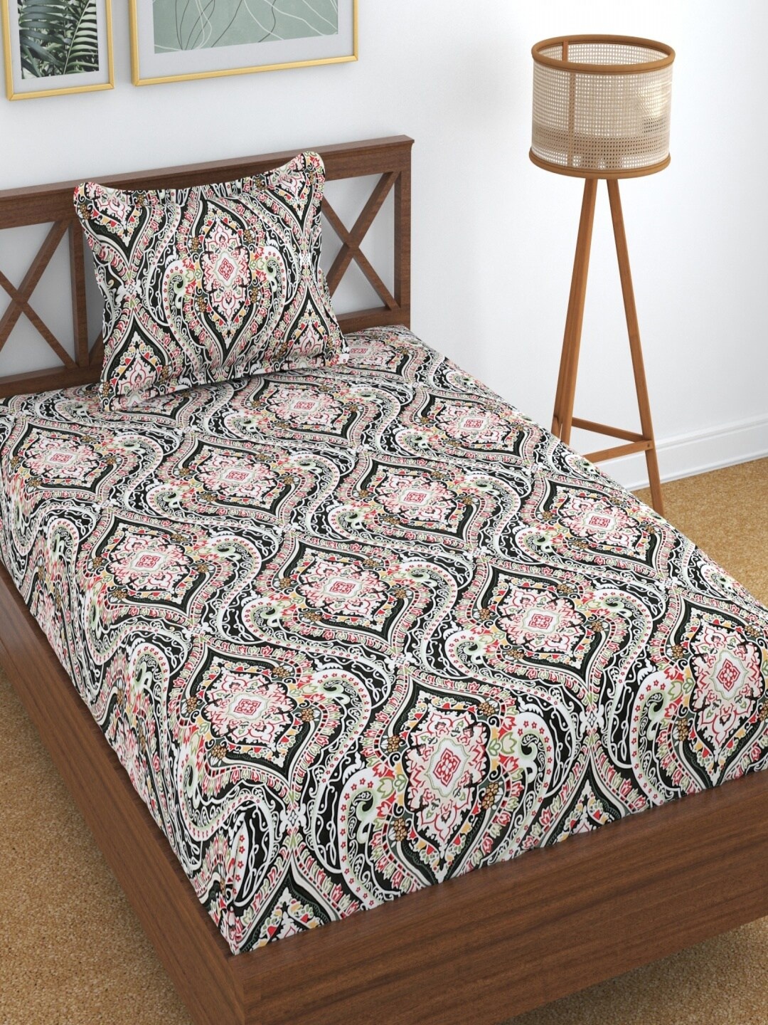 

Aura Black Floral 180 TC Single Bedsheet with 1 Pillow Covers