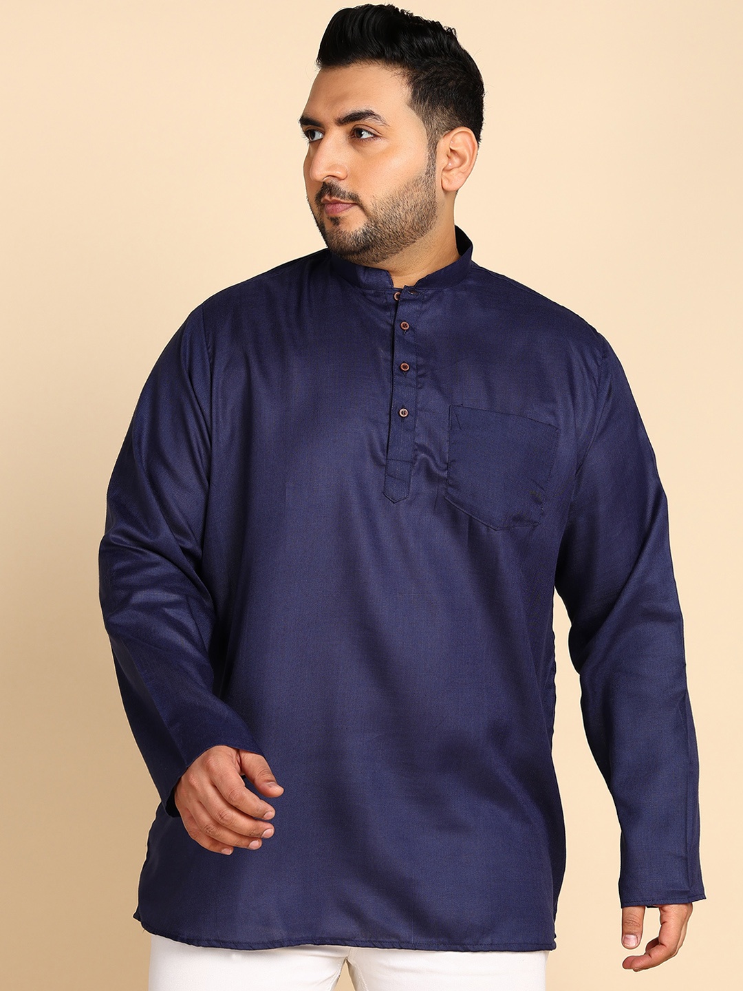 

Sztori Plus Size Mandarin Collar Regular Kurta, Navy blue