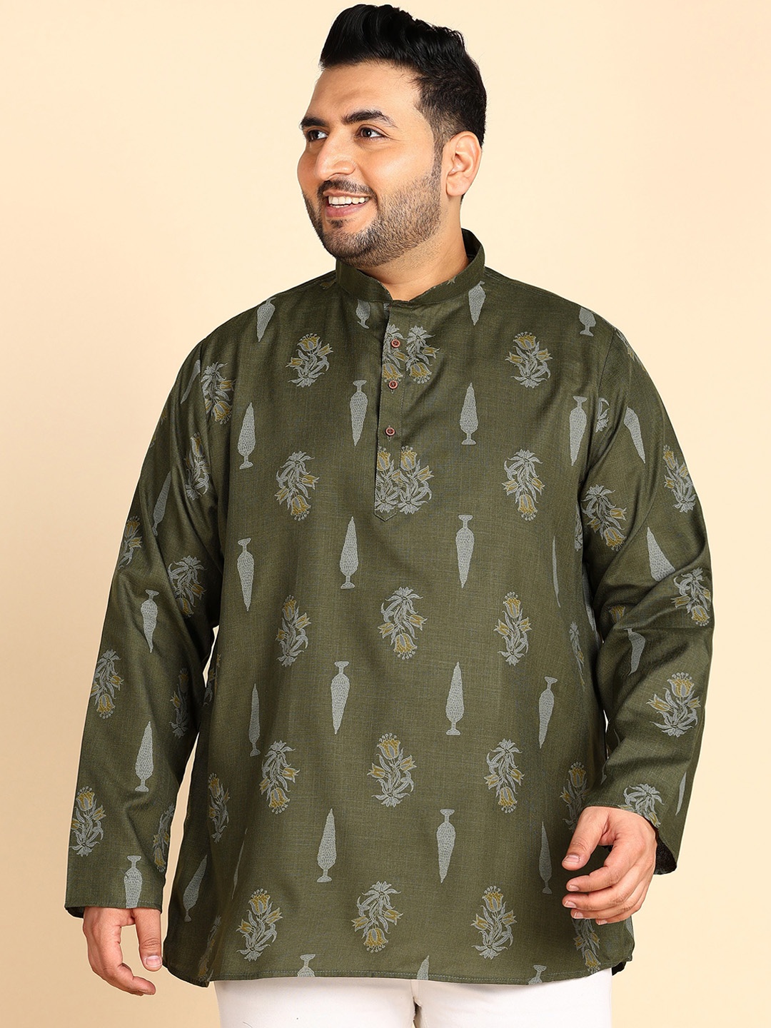 

Sztori Plus Size Ethnic Motifs Printed Mandarin Collar Straight Kurta, Green