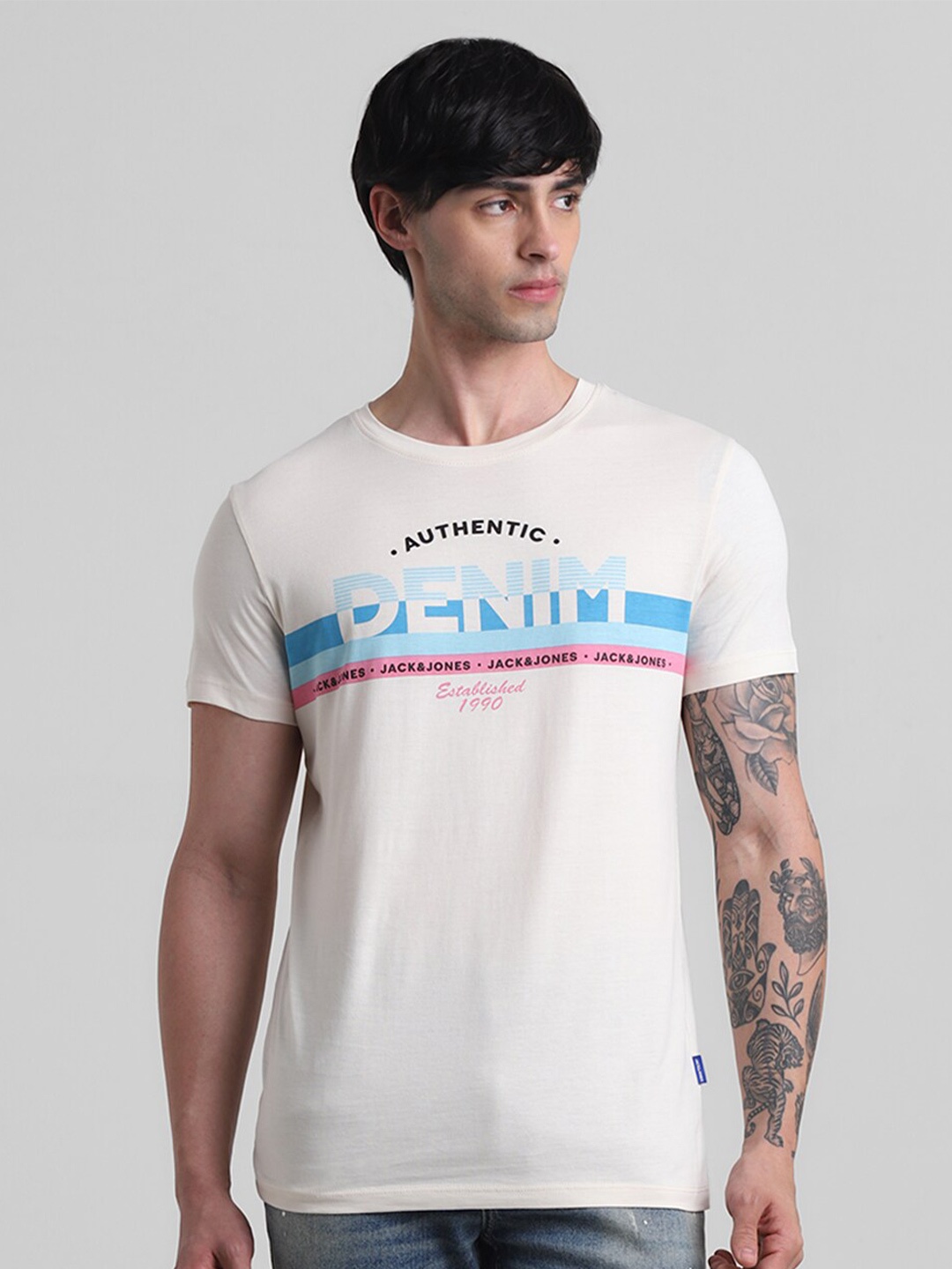 Jack & Jones Typography Printed Pure Cotton Slim Fit T-shirt, White