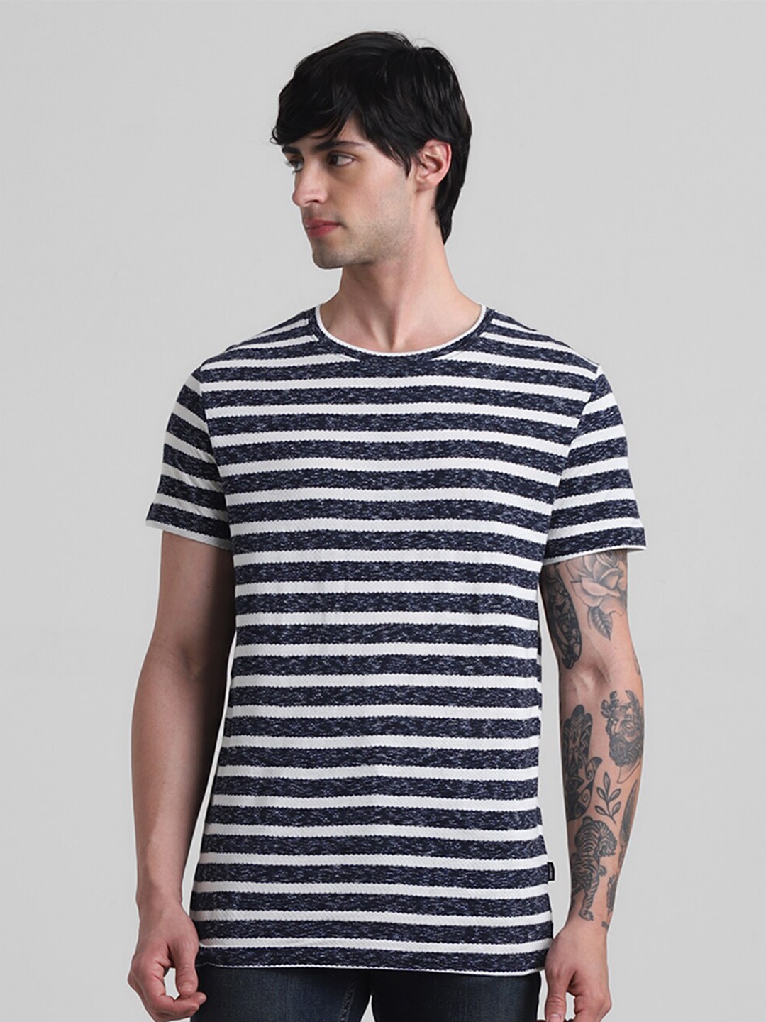 

Jack & Jones Striped Crew Neck Cotton Slim Fit T-shirt, Navy blue