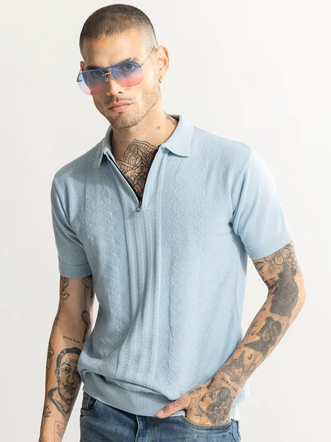 

Snitch Blue Self Design Polo Collar Slim Fit T-shirt