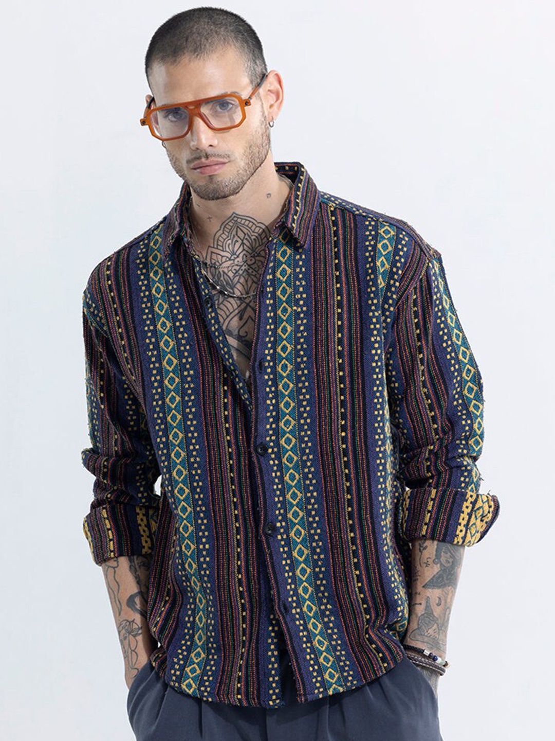 

Snitch Blue Vertical Striped Classic Cotton Oversized Casual Shirt
