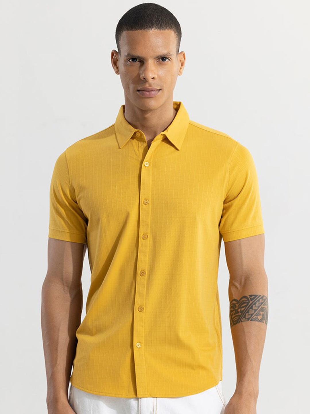 

Snitch Yellow Classic Slim Fit Striped Cotton Shirt