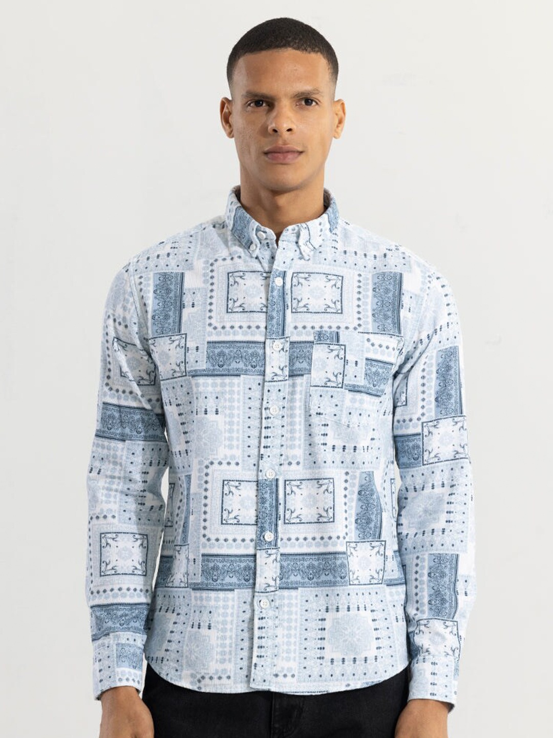 

Snitch Blue Classic Slim Fit Ethnic Motifs Printed Cotton Casual Shirt