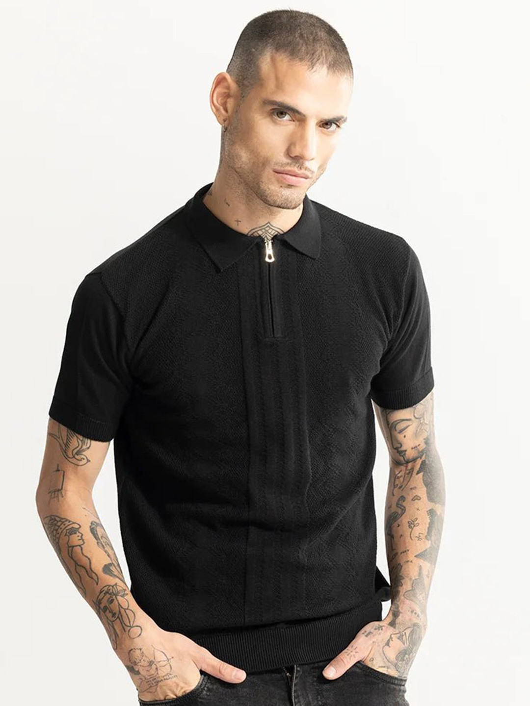 

Snitch Black Polo Collar Slim Fit Cotton T-shirt