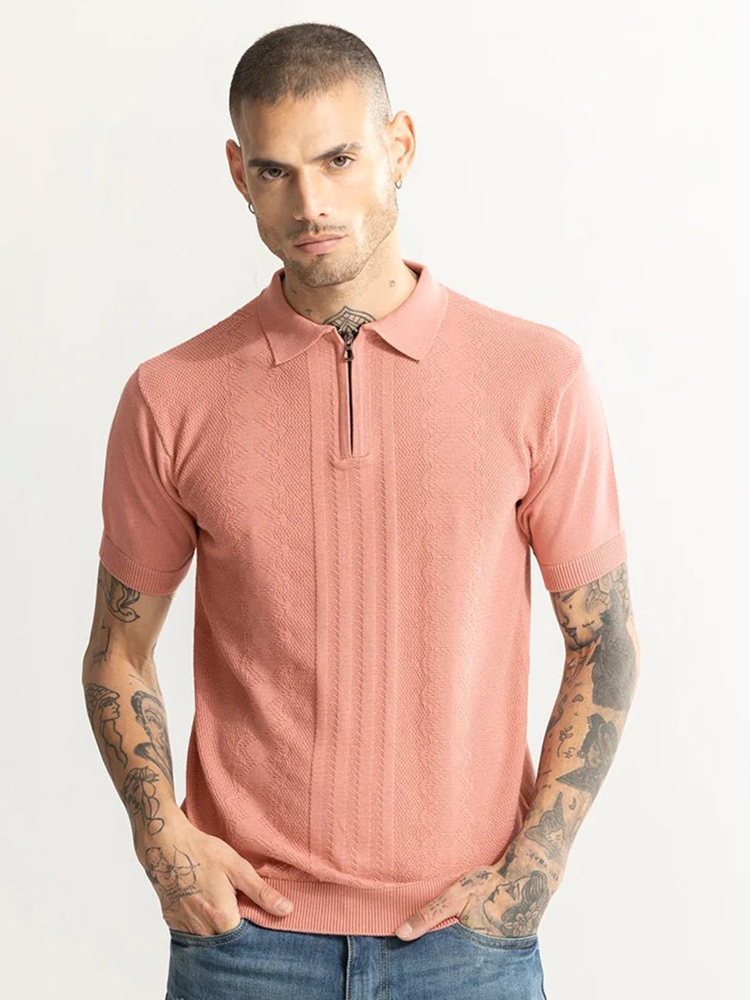 

Snitch Pink Polo Collar Slim Fit Cotton T-shirt